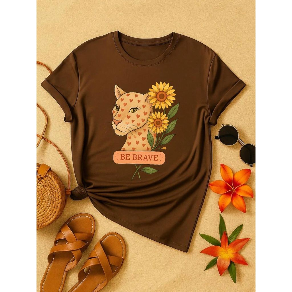 Blusa Feminina Estampa Leopardo & Girassol  Casual, Confortável e Estilosa P M G GG 100% Algodão Animal Print