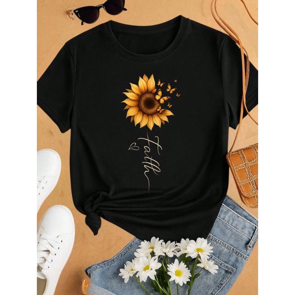 Blusa Feminina Básica 100% Algodão – Leve, Fresquinha e Chic Girassol + Faith P M G GG