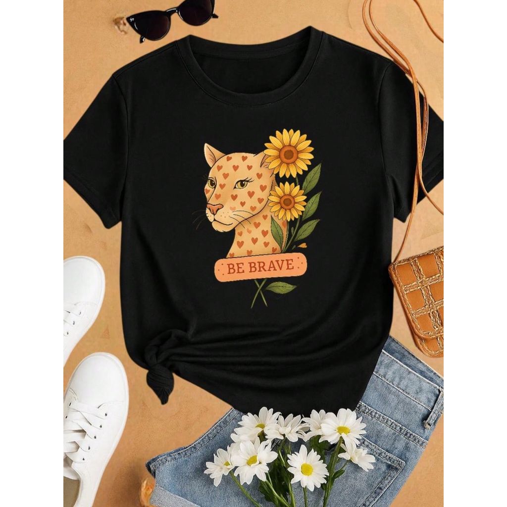 Blusa Feminina Estampa Leopardo & Girassol  Casual, Confortável e Estilosa P M G GG 100% Algodão Animal Print