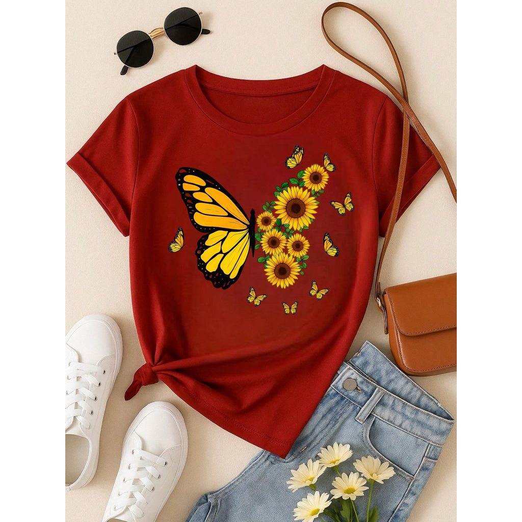 Blusa Feminina 100% Algodão – Borboleta & Girassol, Estampa Premium P M G GG