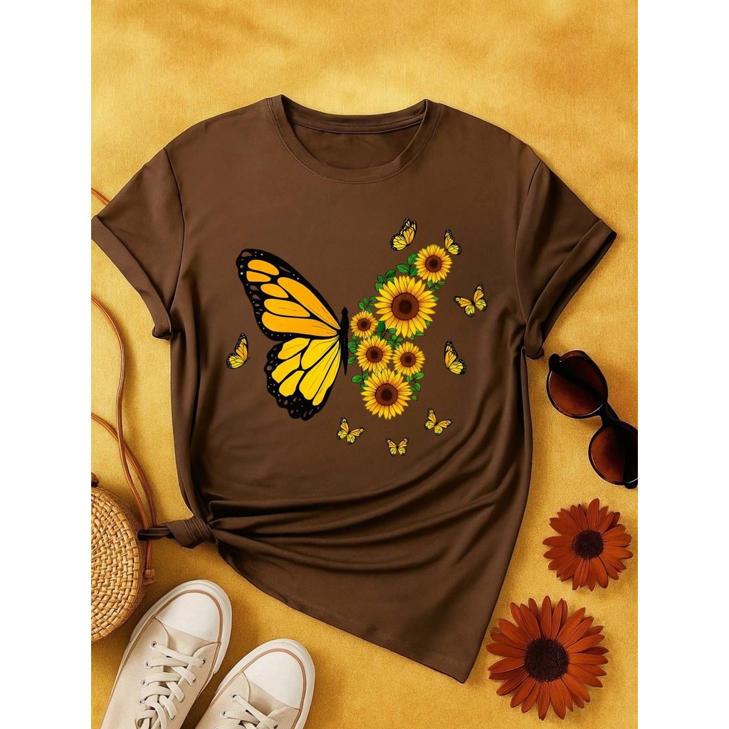 Blusa Feminina 100% Algodão – Borboleta & Girassol, Estampa Premium P M G GG