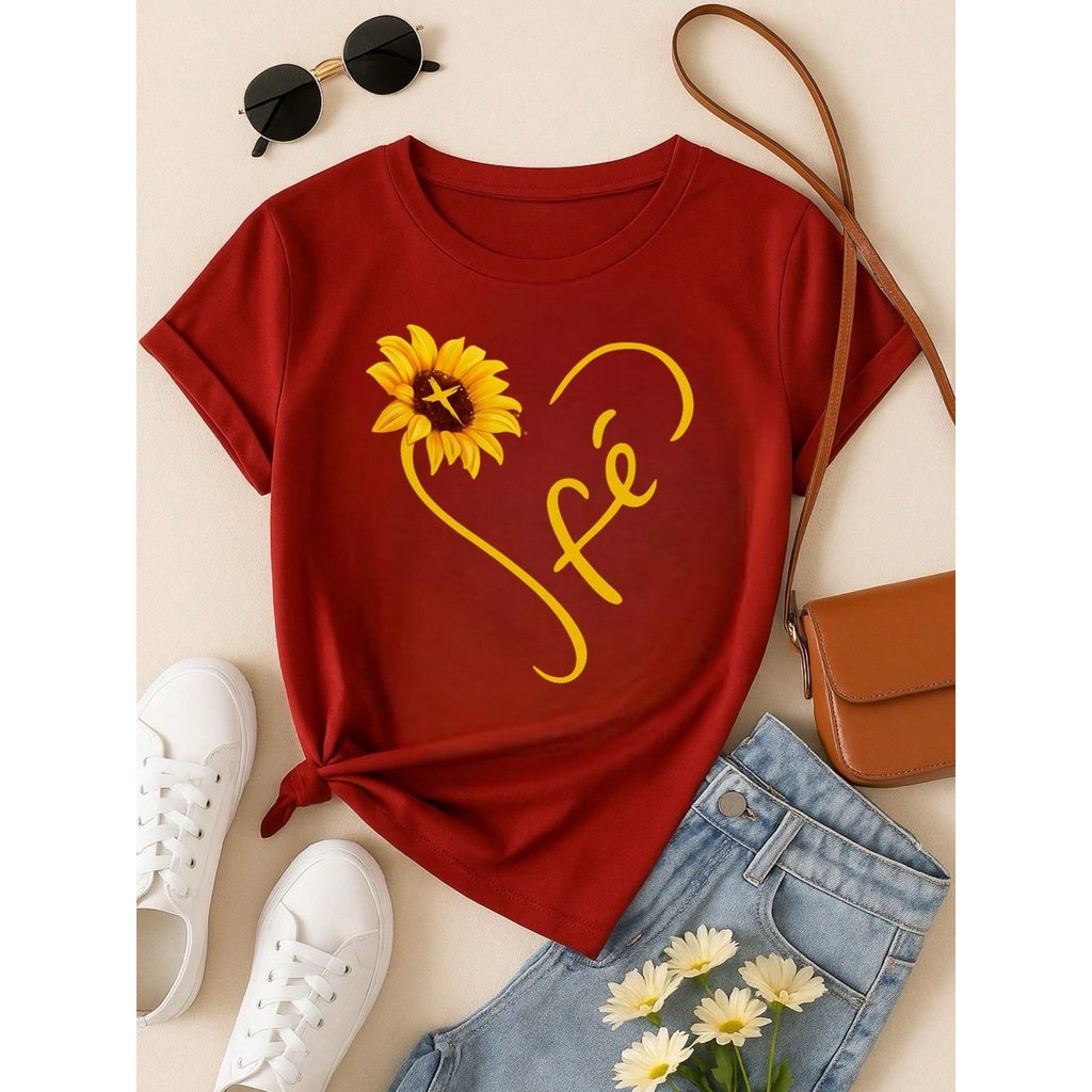 Camiseta Feminina Blusa  100% Algodão Fé – Girassol, Confortável e Estampada P M G GG