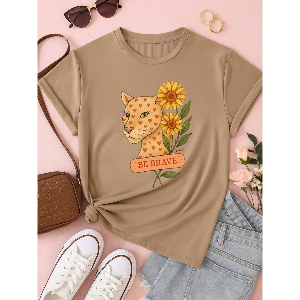 Blusa Feminina Estampa Leopardo & Girassol  Casual, Confortável e Estilosa P M G GG 100% Algodão Animal Print