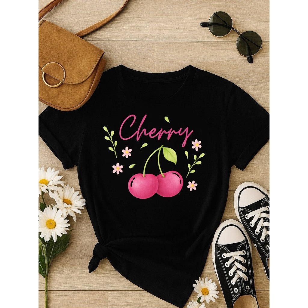 T-Shirt Feminina de Algodão Blusa Estampada 100% Algodão –Blusa Feminina Cherry – Estampa Cereja Fofa, Casual e Moderna