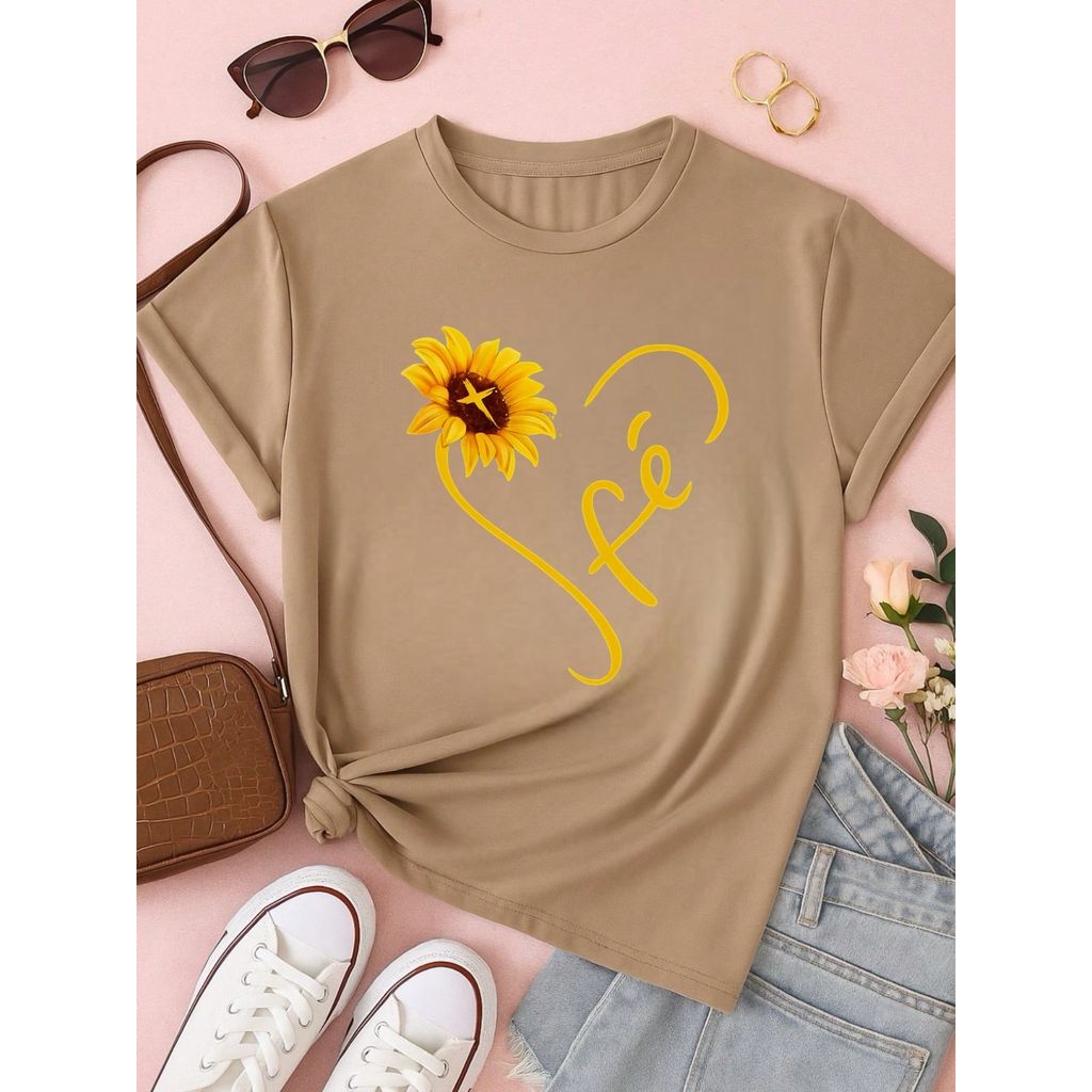 Camiseta Feminina Blusa  100% Algodão Fé – Girassol, Confortável e Estampada P M G GG
