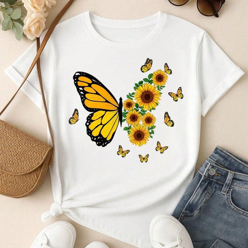 Blusa Feminina 100% Algodão  com Estampa Girassol – Fé Paz Amor, Estampa Premium P M G GG