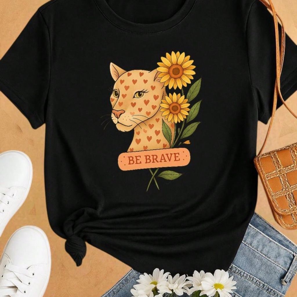 Blusa Feminina Estampa Leopardo & Girassol  Casual, Confortável e Estilosa P M G GG 100% Algodão Animal Print