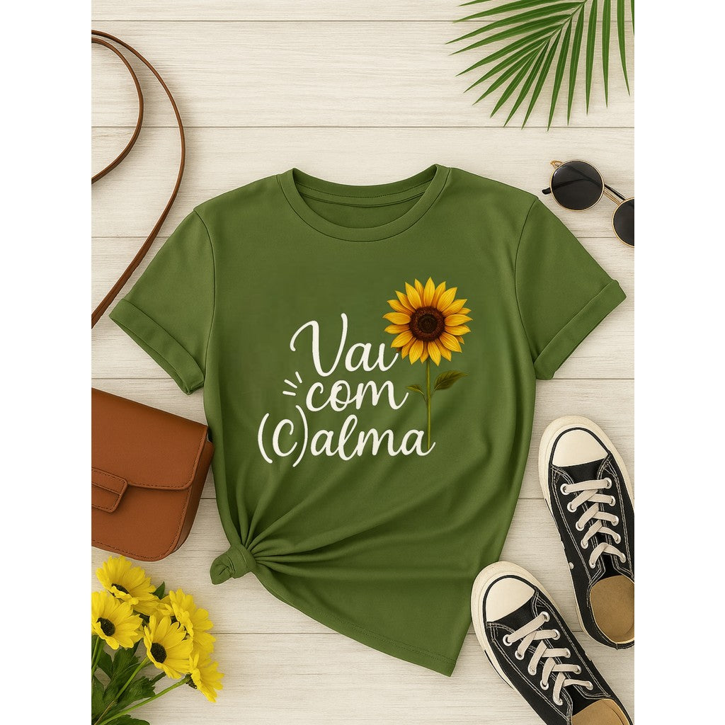 Camiseta T-shirt Love Coração Tendencia Babylook 100% Algodão Frase Vai com Calma - Desenho Girassol