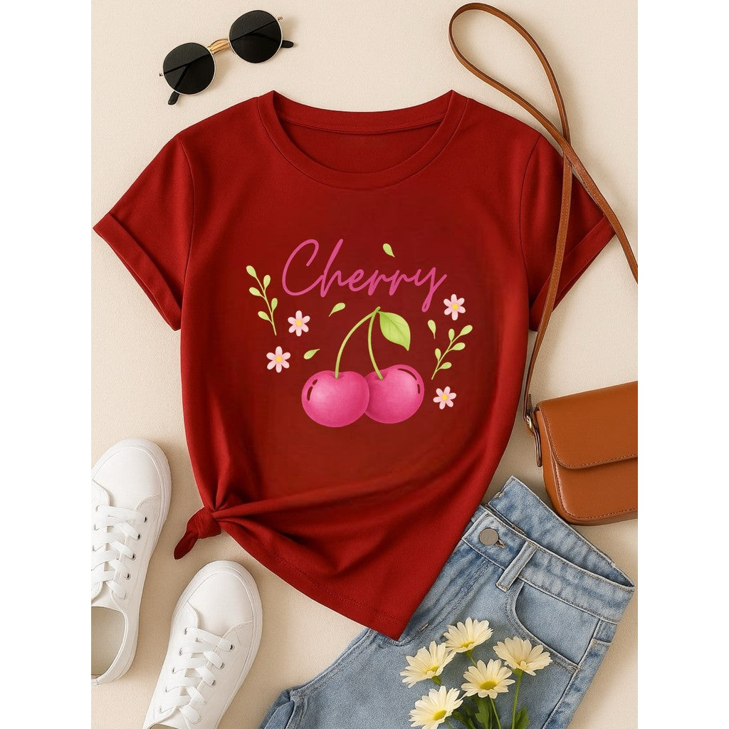 T-Shirt Feminina de Algodão Blusa Estampada 100% Algodão –Blusa Feminina Cherry – Estampa Cereja Fofa, Casual e Moderna