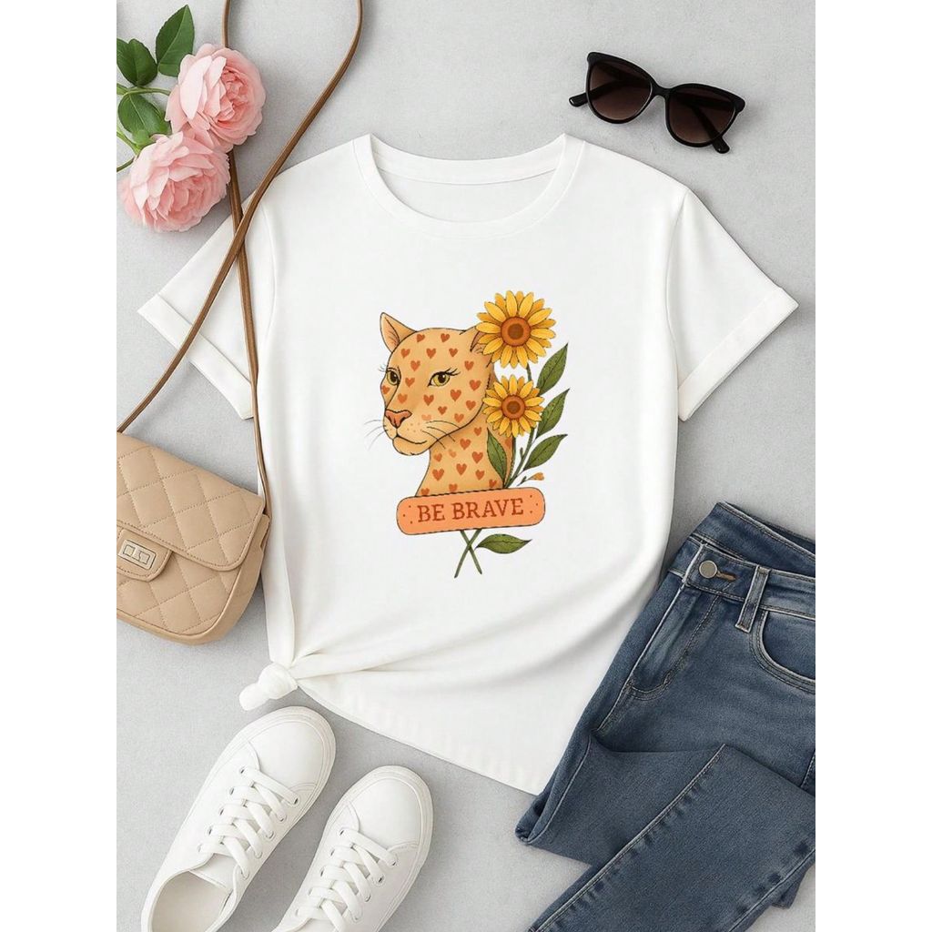 Blusa Feminina Estampa Leopardo & Girassol  Casual, Confortável e Estilosa P M G GG 100% Algodão Animal Print