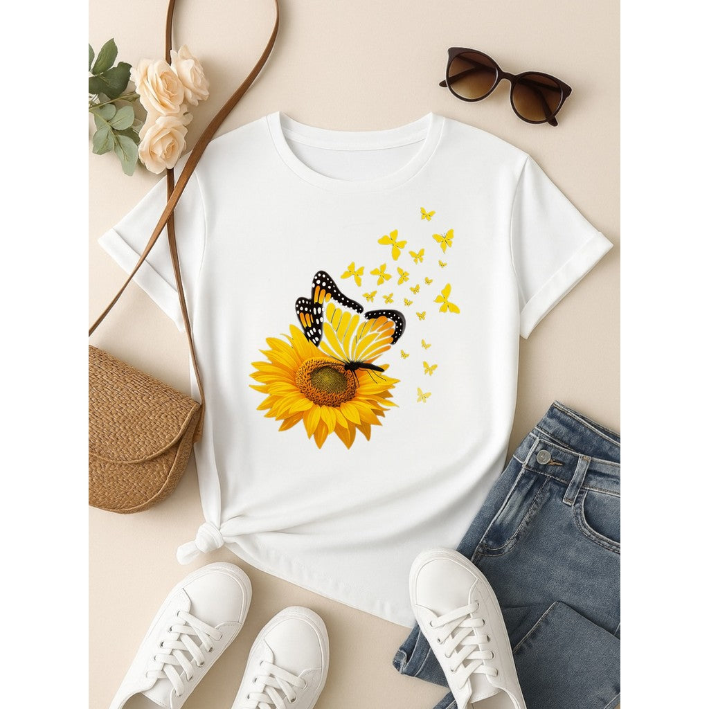 Camiseta T-shirt Love Coração Tendencia Babylook 100% Algodão Borboleta Girassol