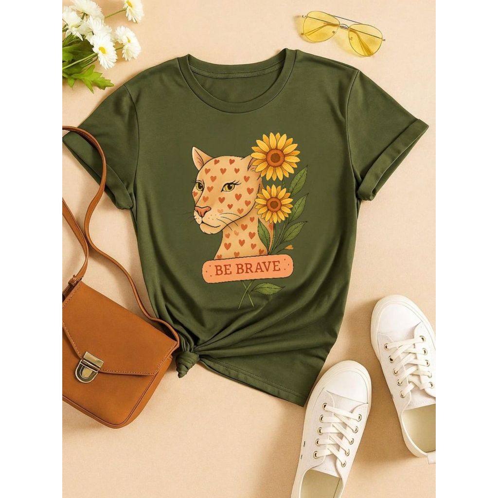 Blusa Feminina Estampa Leopardo & Girassol  Casual, Confortável e Estilosa P M G GG 100% Algodão Animal Print