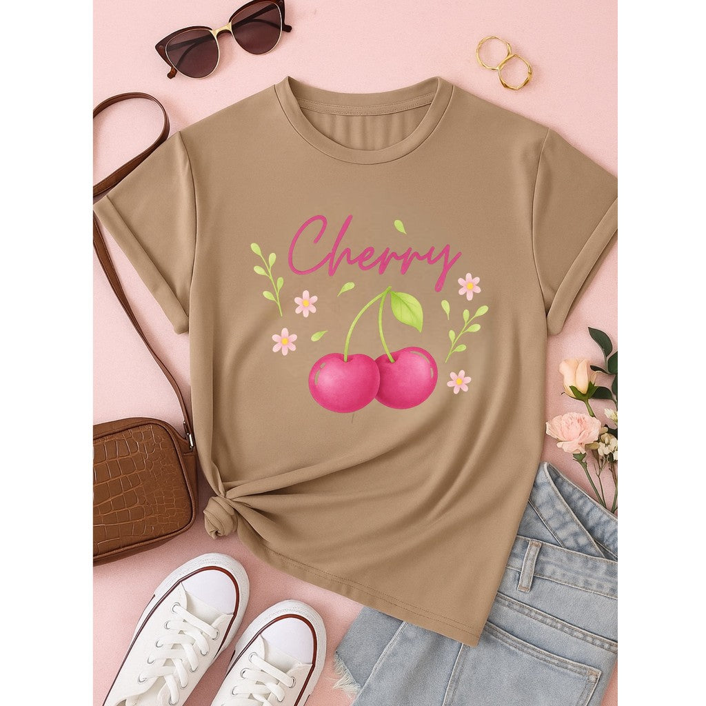 T-Shirt Feminina de Algodão Blusa Estampada 100% Algodão –Blusa Feminina Cherry – Estampa Cereja Fofa, Casual e Moderna