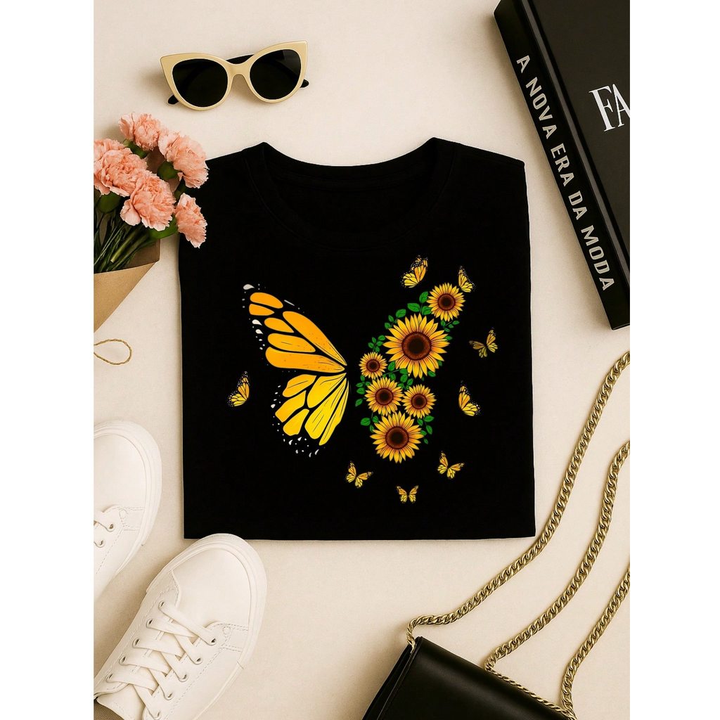 Blusa Feminina 100% Algodão – Borboleta & Girassol, Estampa Premium P M G GG