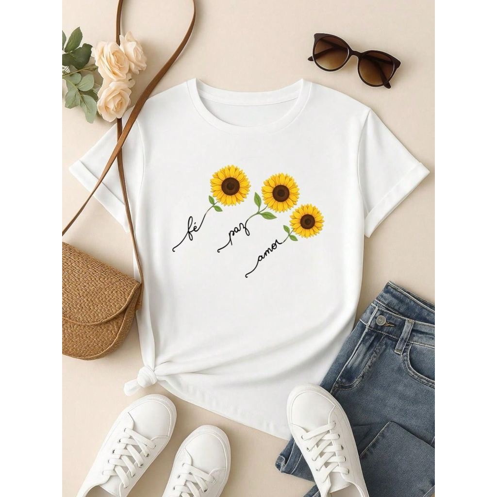 Blusa Feminina 100% Algodão  com Estampa Girassol – Fé Paz Amor, Estampa Premium P M G GG