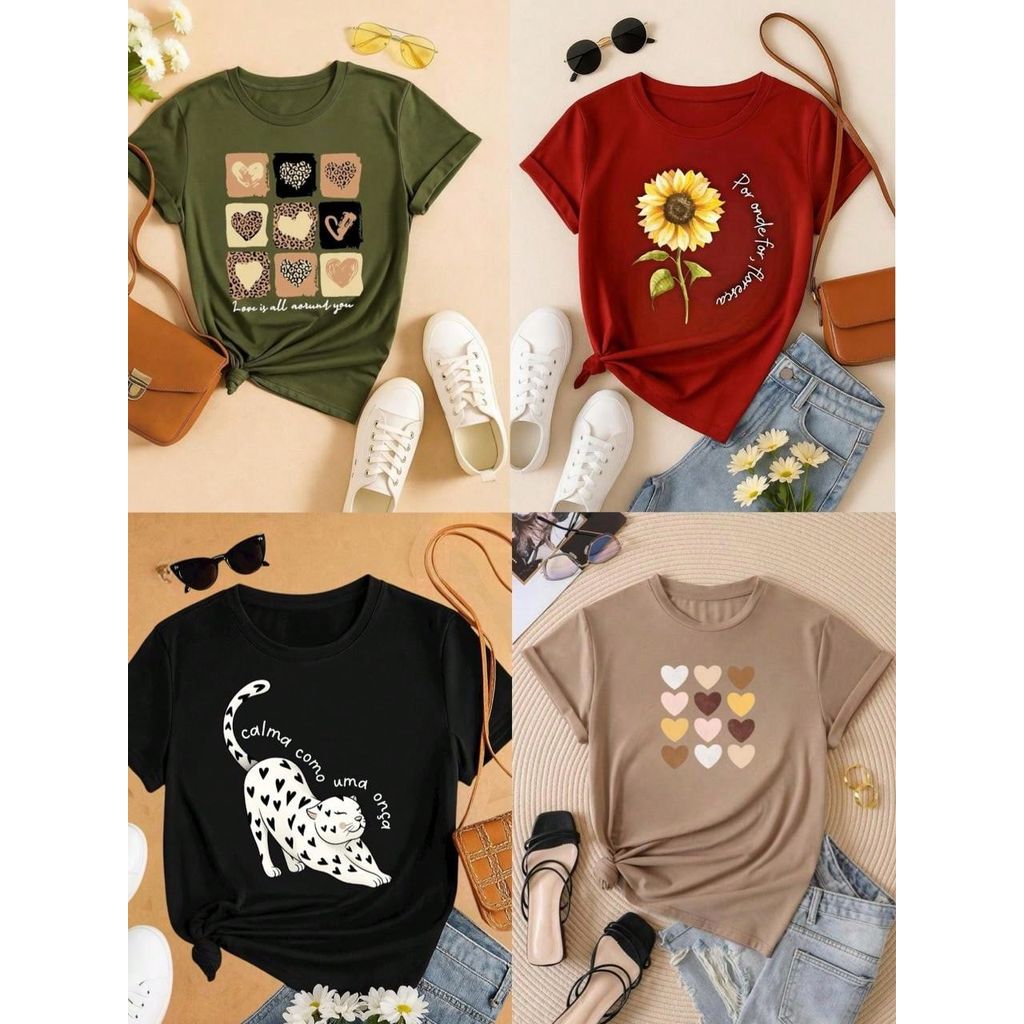 Kit com 8 T-Shirts Blusas Feminina Blusa Baby Look Camiseta Roupa Feminina Algodao