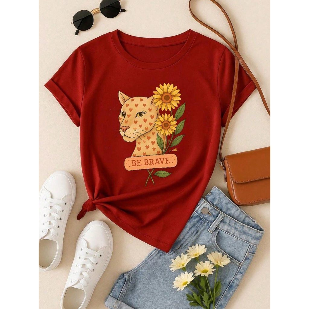 Blusa Feminina Estampa Leopardo & Girassol  Casual, Confortável e Estilosa P M G GG 100% Algodão Animal Print