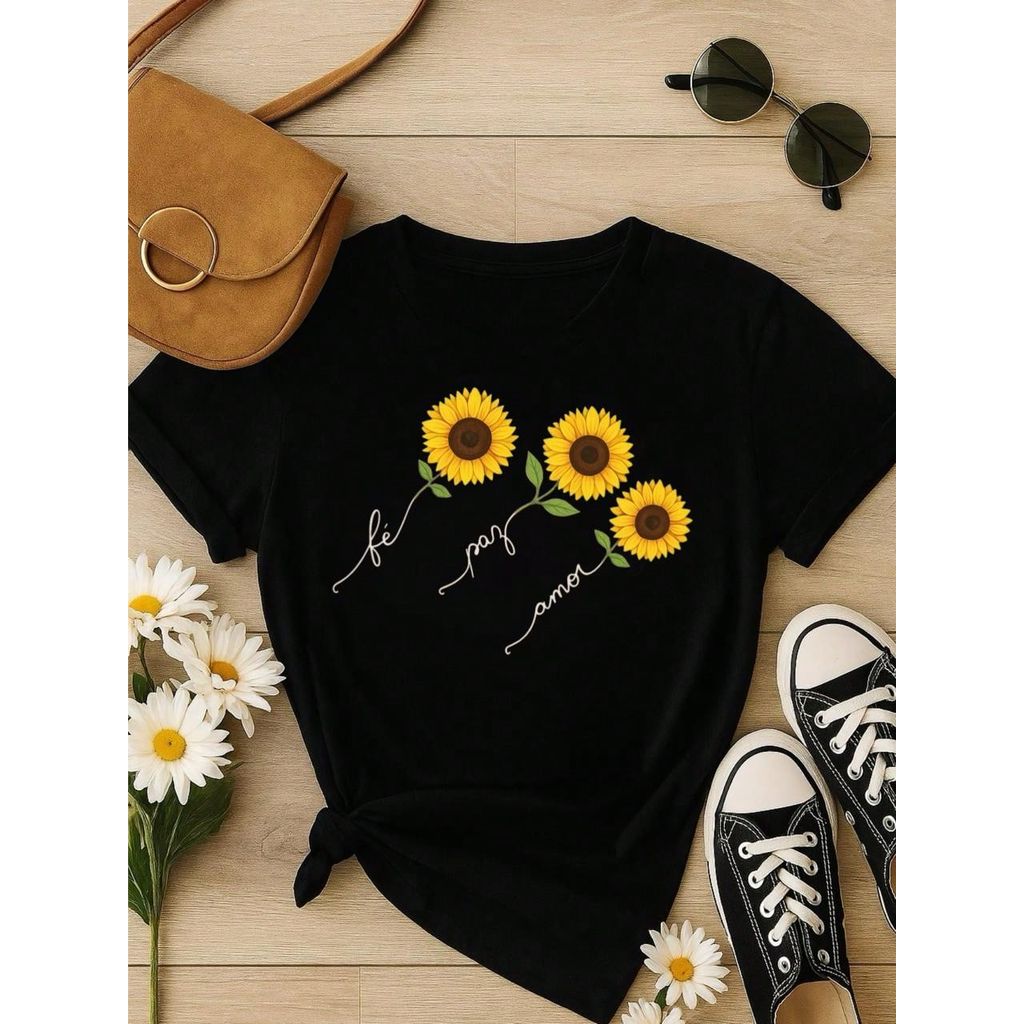 Blusa Feminina 100% Algodão  com Estampa Girassol – Fé Paz Amor, Estampa Premium P M G GG