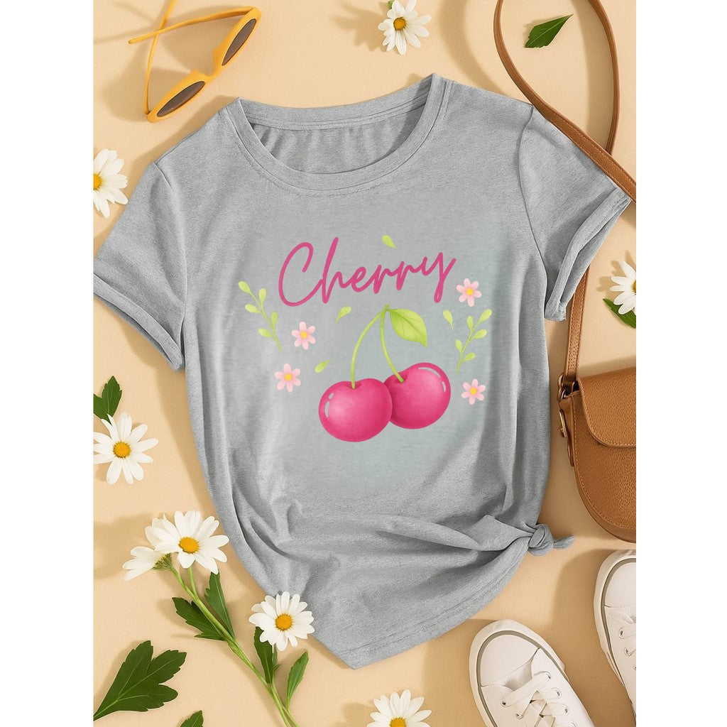 T-Shirt Feminina de Algodão Blusa Estampada 100% Algodão –Blusa Feminina Cherry – Estampa Cereja Fofa, Casual e Moderna