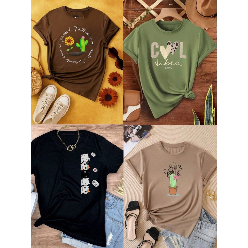 Kit com 8 T-Shirts Blusas Feminina Blusa Baby Look Camiseta Roupa Feminina Algodao