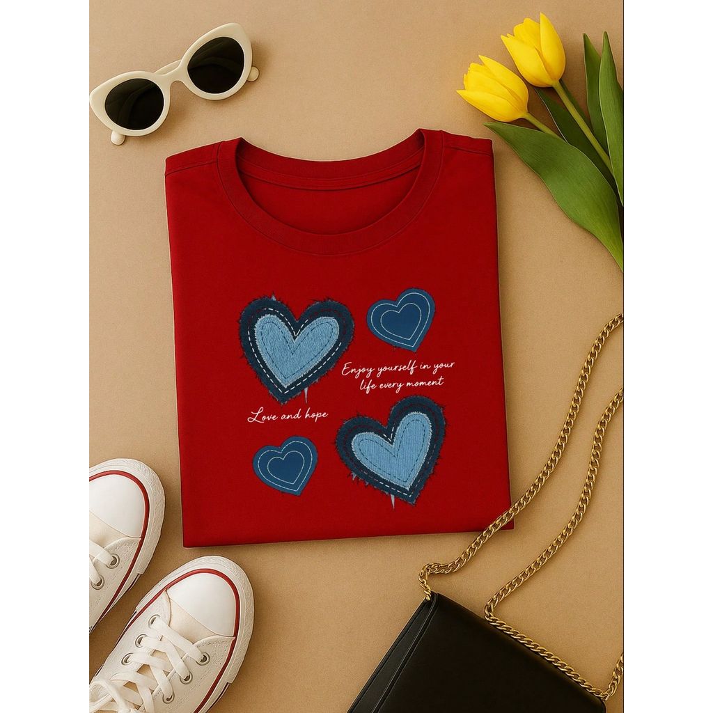 Blusa Feminina 100% Algodão Estampa Coração Love and Hope Casual Babylook TShirt
