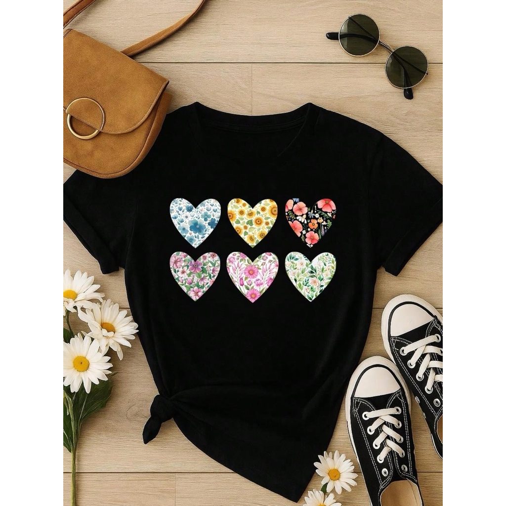 Blusa Feminina 100% Algodão Baby Look Estampa Corações Florais – Conforto, Estilo e Qualidade