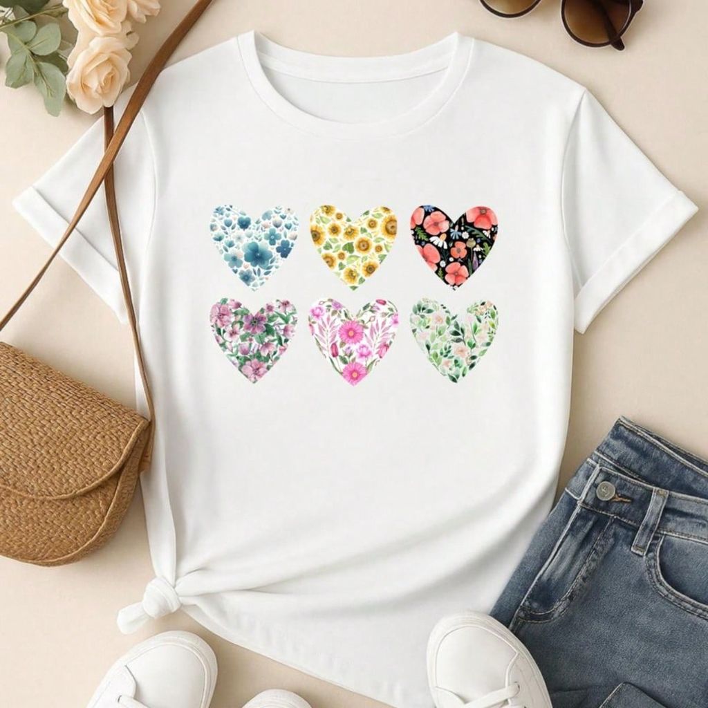 Blusa Feminina 100% Algodão Baby Look Estampa Corações Florais – Conforto, Estilo e Qualidade