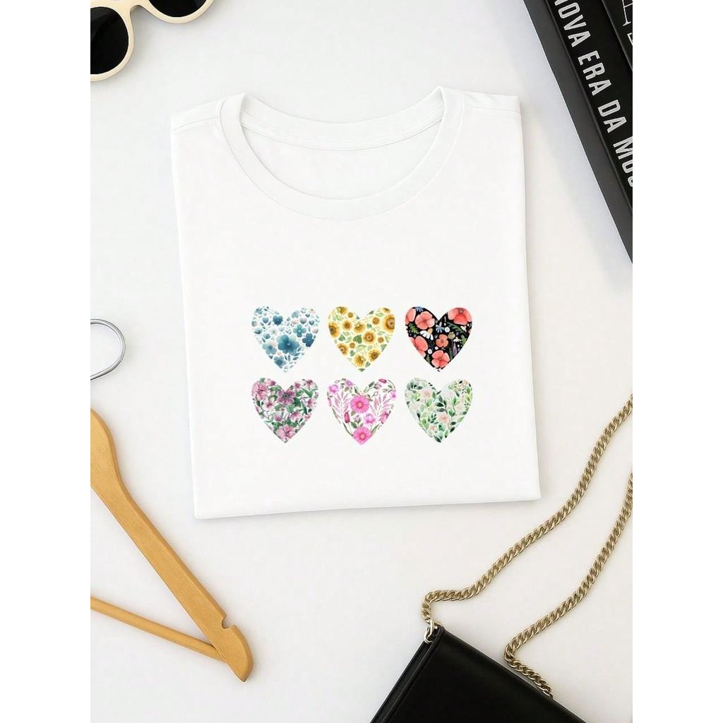 Blusa Feminina 100% Algodão Baby Look Estampa Corações Florais – Conforto, Estilo e Qualidade