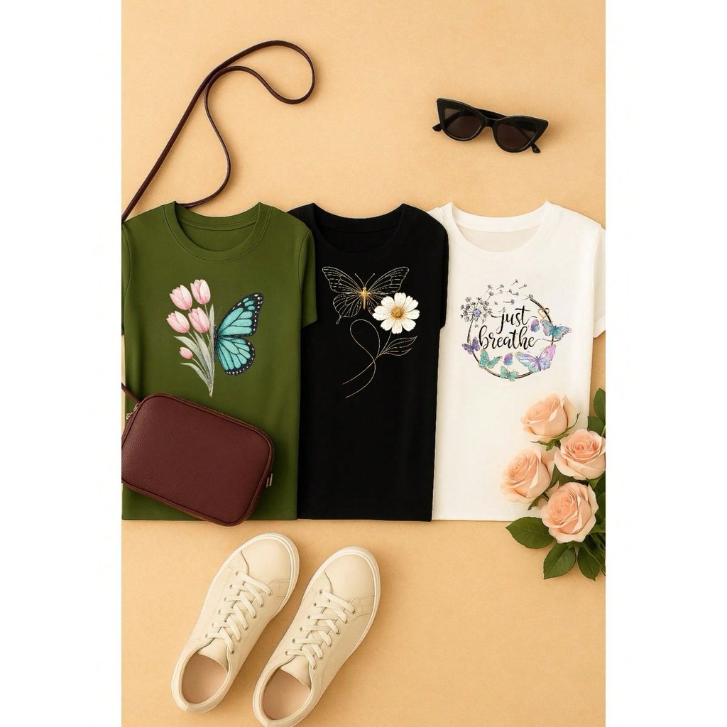 Kit 3 Blusas Femininas 100% Algodão Estampa Borboleta Floral Casual