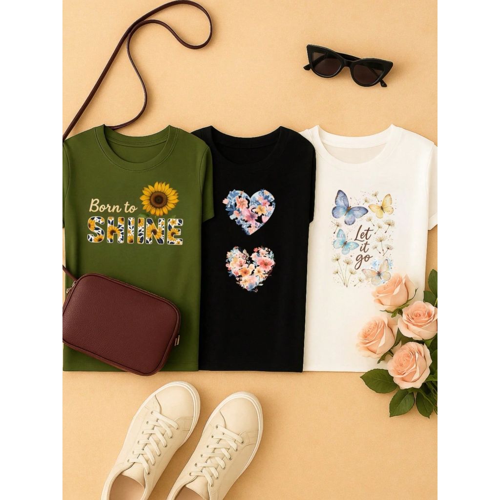 Kit 3 Blusas Femininas 100% Algodão Baby Look – Confortáveis, Estampas Modernas, P ao GG