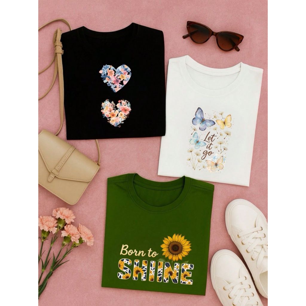 Kit 3 Blusas Femininas 100% Algodão Baby Look – Confortáveis, Estampas Modernas, P ao GG