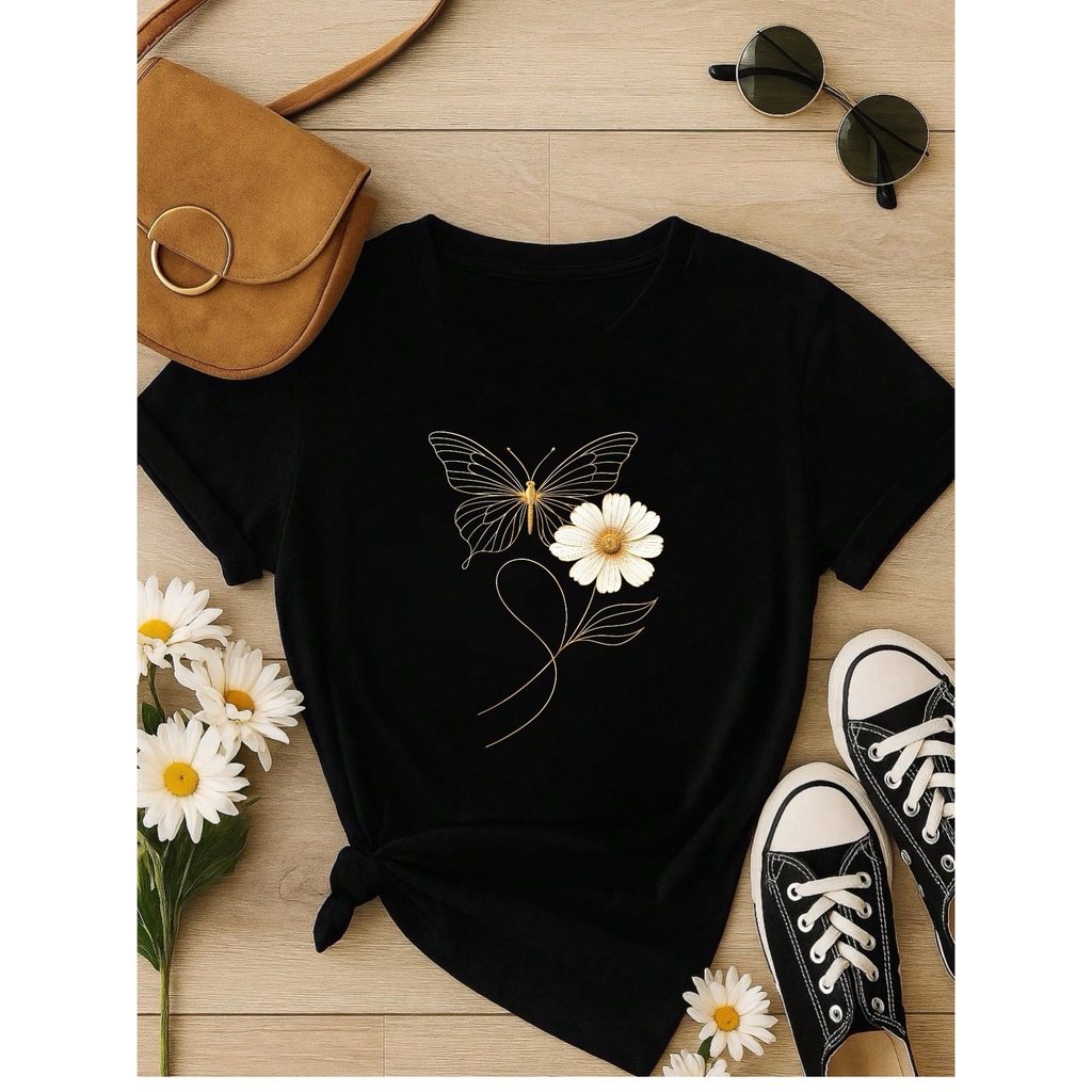 Kit 3 Blusas Femininas 100% Algodão Estampa Borboleta Floral Casual