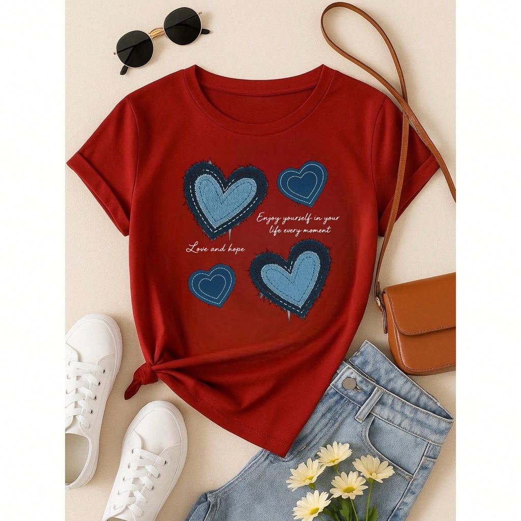 Blusa Feminina 100% Algodão Estampa Coração Love and Hope Casual Babylook TShirt