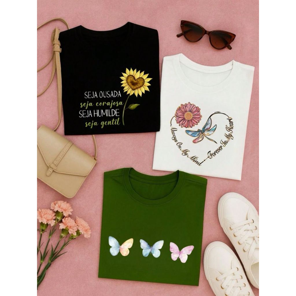 Kit 3 Camisetas Femininas Algodão Premium – Baby Look Estampada – P ao GG