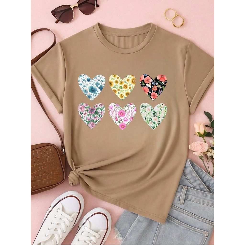 Blusa Feminina 100% Algodão Baby Look Estampa Corações Florais – Conforto, Estilo e Qualidade