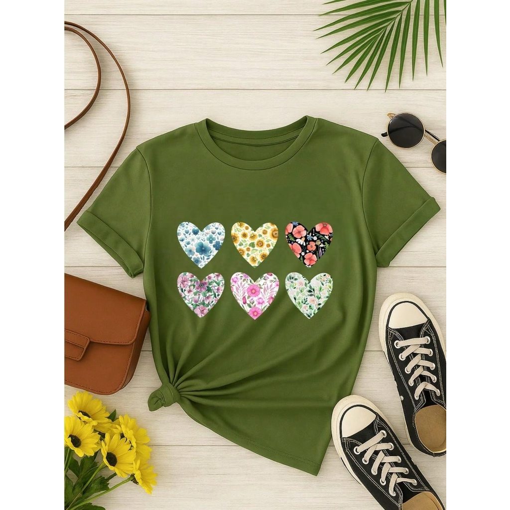 Blusa Feminina 100% Algodão Baby Look Estampa Corações Florais – Conforto, Estilo e Qualidade