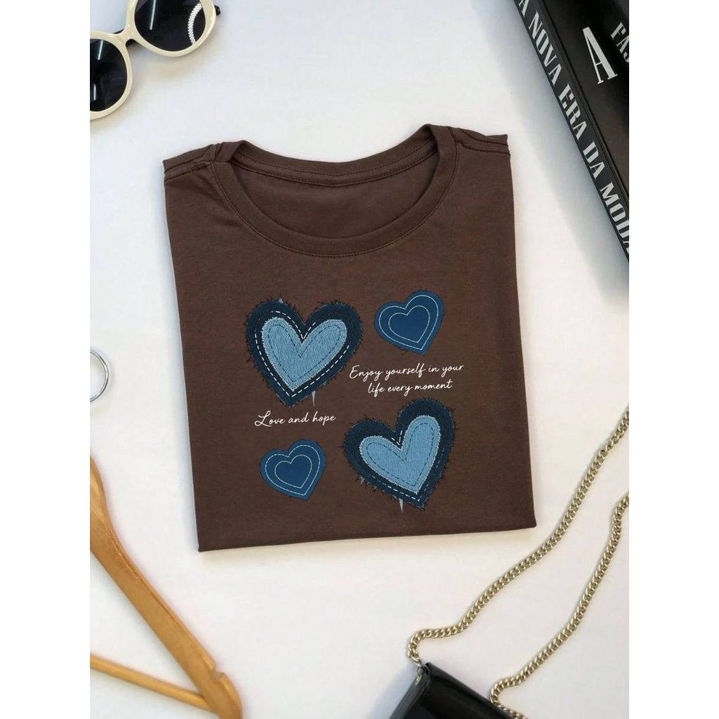Blusa Feminina 100% Algodão Estampa Coração Love and Hope Casual Babylook TShirt