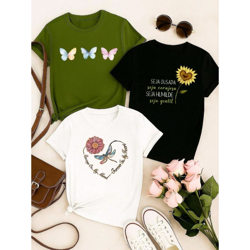 Kit 3 Camisetas Femininas Algodão Premium – Baby Look Estampada – P ao GG