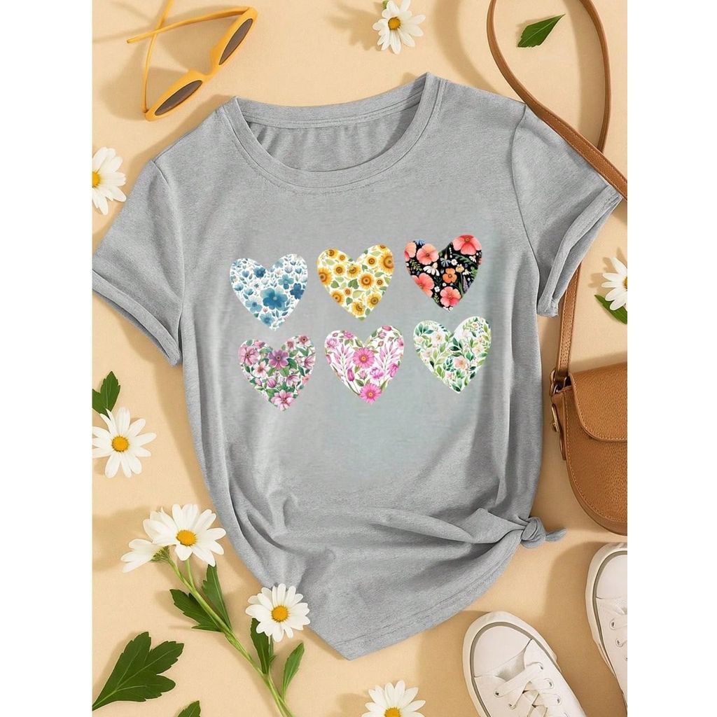 Blusa Feminina 100% Algodão Baby Look Estampa Corações Florais – Conforto, Estilo e Qualidade