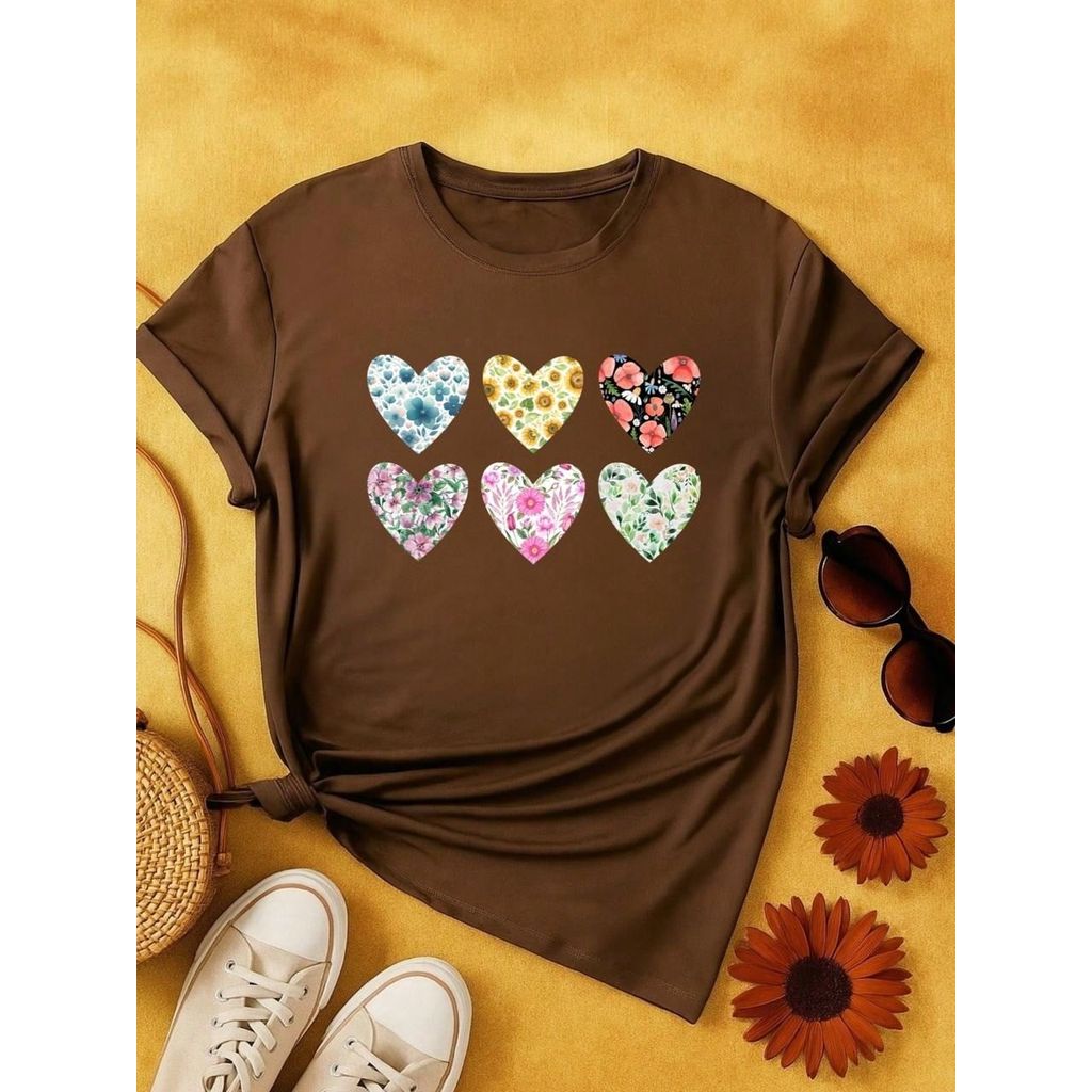 Blusa Feminina 100% Algodão Baby Look Estampa Corações Florais – Conforto, Estilo e Qualidade