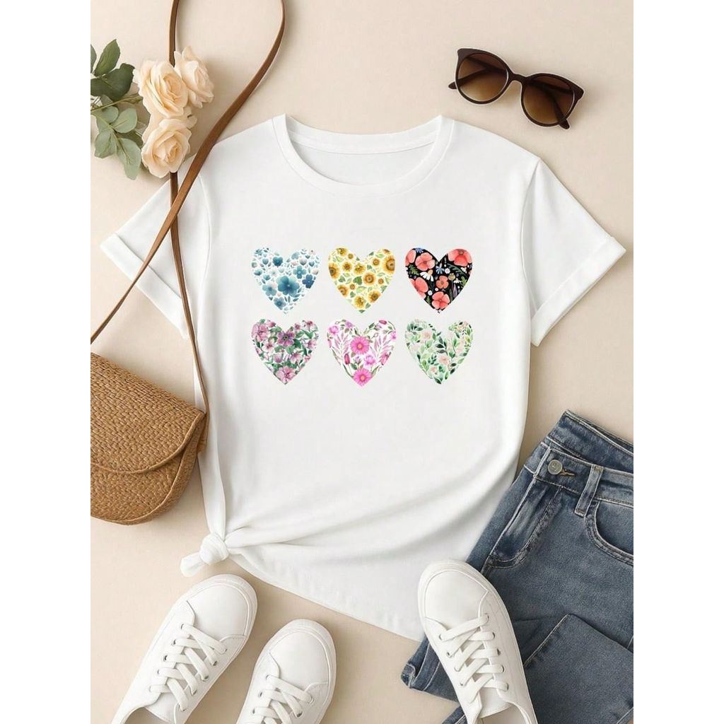 Blusa Feminina 100% Algodão Baby Look Estampa Corações Florais – Conforto, Estilo e Qualidade