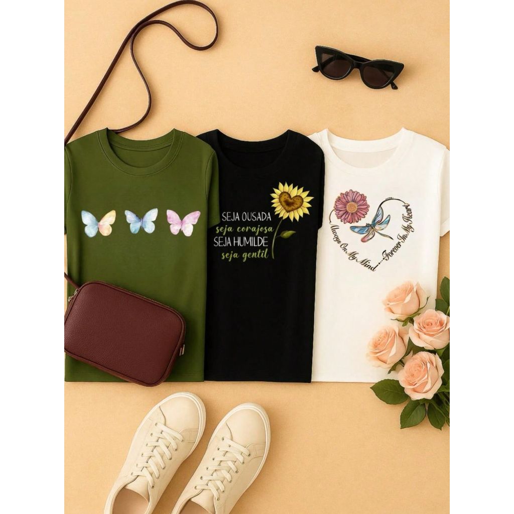 Kit 3 Camisetas Femininas Algodão Premium – Baby Look Estampada – P ao GG