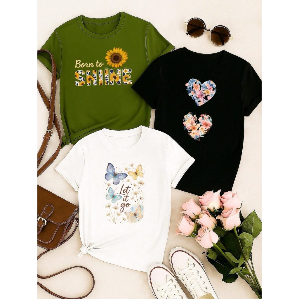 Kit 3 Blusas Femininas 100% Algodão Baby Look – Confortáveis, Estampas Modernas, P ao GG