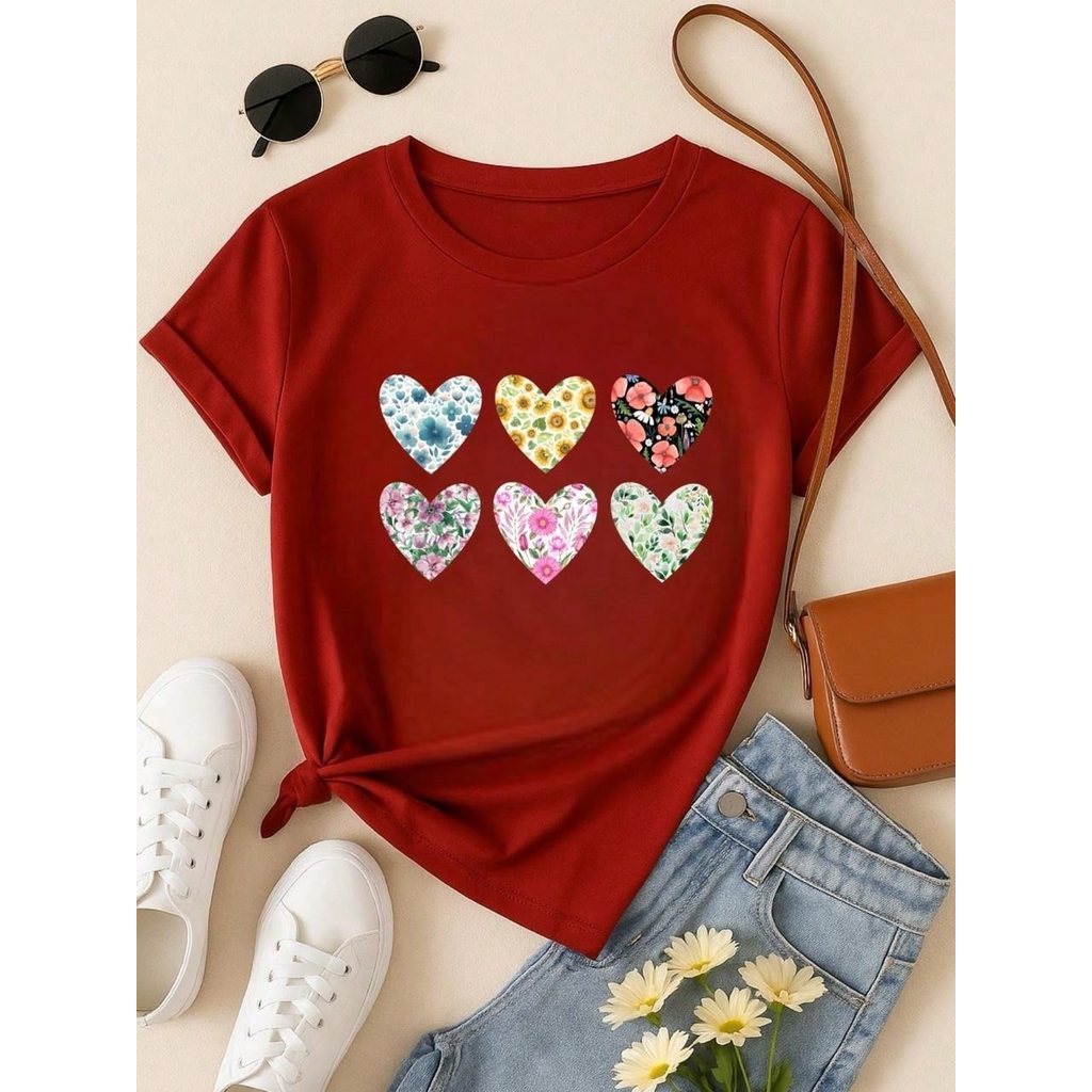 Blusa Feminina 100% Algodão Baby Look Estampa Corações Florais – Conforto, Estilo e Qualidade