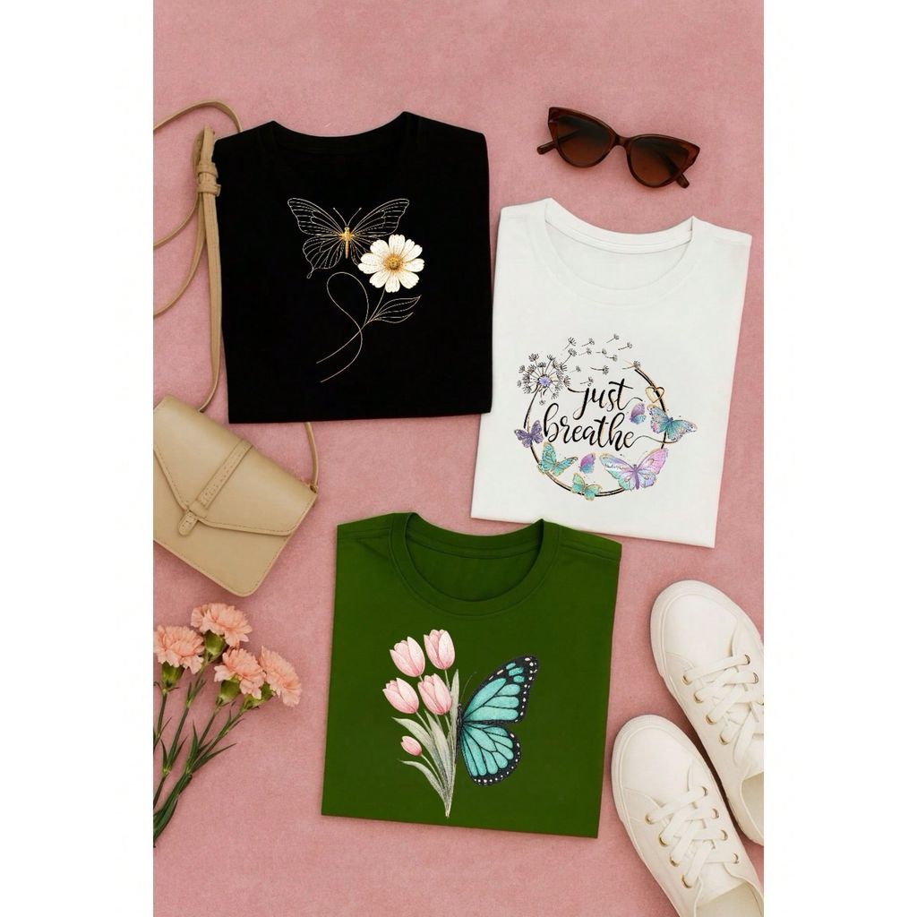 Kit 3 Blusas Femininas 100% Algodão Estampa Borboleta Floral Casual