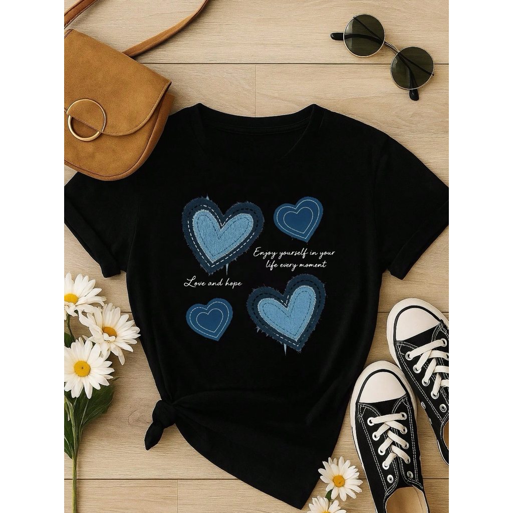 Blusa Feminina 100% Algodão Estampa Coração Love and Hope Casual Babylook TShirt