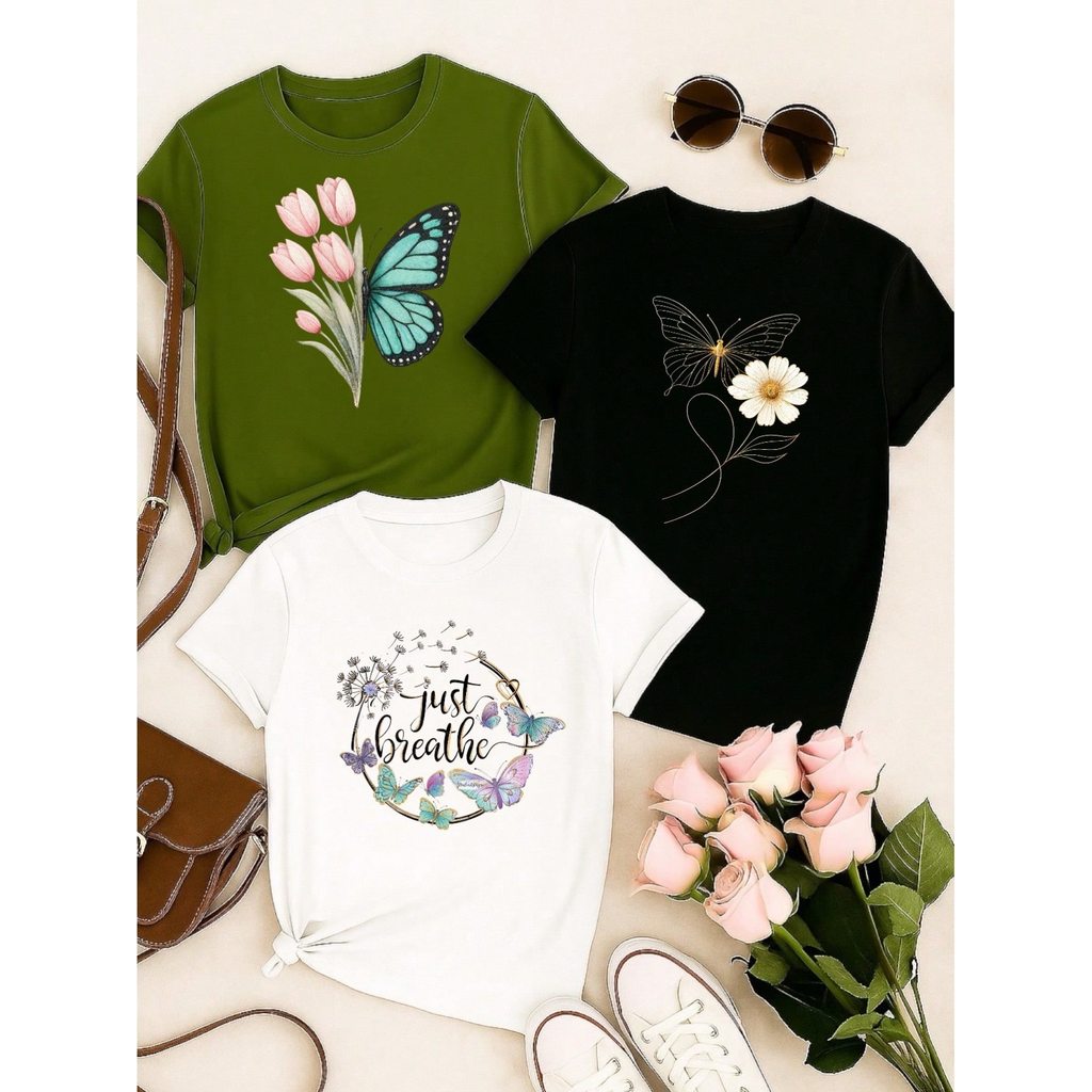 Kit 3 Blusas Femininas 100% Algodão Estampa Borboleta Floral Casual