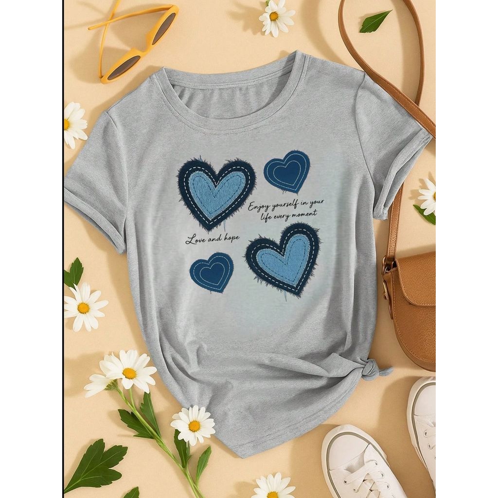 Blusa Feminina 100% Algodão Estampa Coração Love and Hope Casual Babylook TShirt