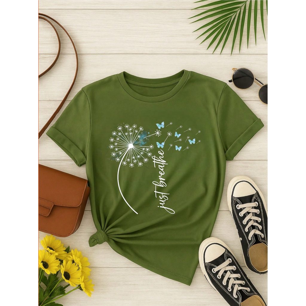 Camiseta Feminina Estampa Just Breathe Algodão Casual Confortável Manga Curta