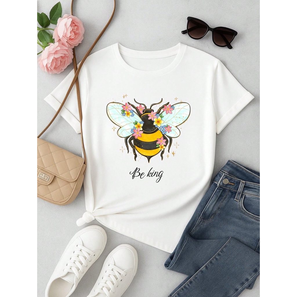 Blusa Feminina 100% Algodão Be Kind | Camiseta Estampada Abelha Floral Casual | P ao GG